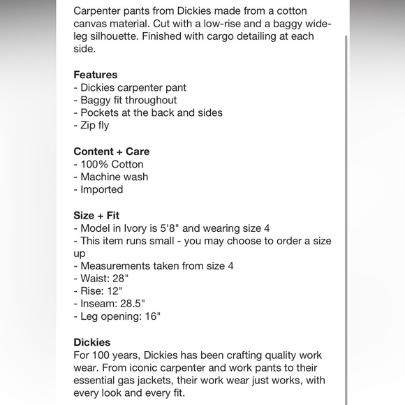 NEW Dickies Carpenter Pants, low-rise, baggy wide-leg silhouette. 100% COTTON - Picture 16 of 16